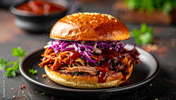 Obraz pulled pork sandwich with coleslaw on a brioche bun