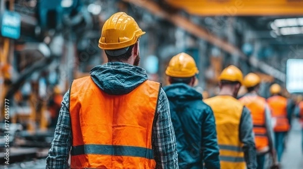 Fototapeta Group of workers wearing vests and helmets walking in a factory. Safety in a manufacturing facility with people focused on their work. Team of workers heading towards their work stations.