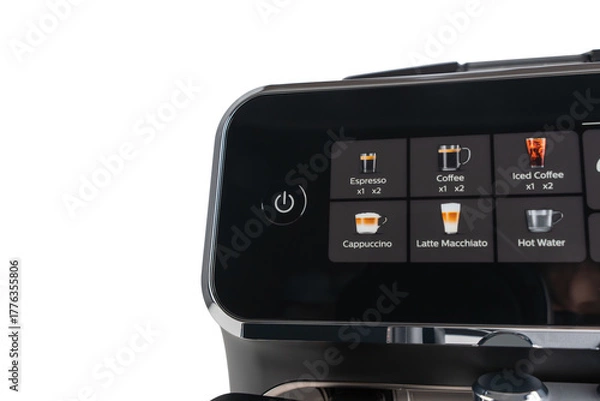 Fototapeta Close-up of the touchscreen menu on espresso machine showing coffee options. User-friendly interface for various drinks.