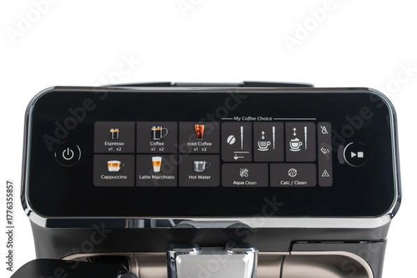 Obraz Close-up of espresso machine control panel with touchscreen interface. Multiple beverage options displayed for easy use.