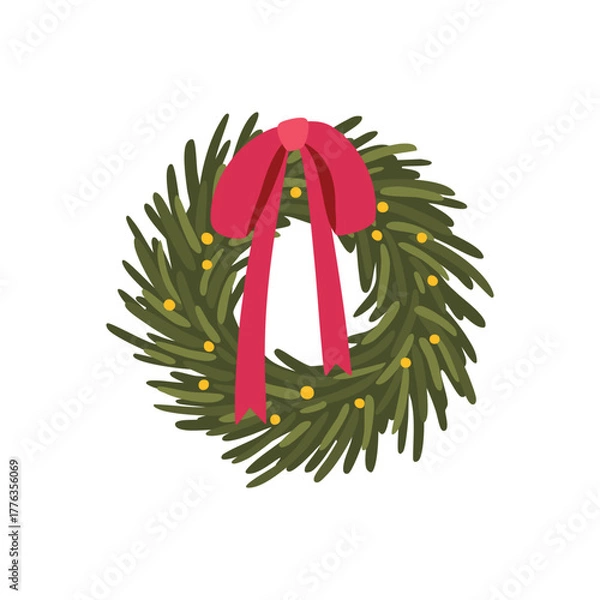 Fototapeta Classic Christmas pine wreath vector with deep green needles and yellow lights ornaments, tied with a vibrant red bow. Traditional, hand-drawn holiday illustration for flyers, print, and festive.