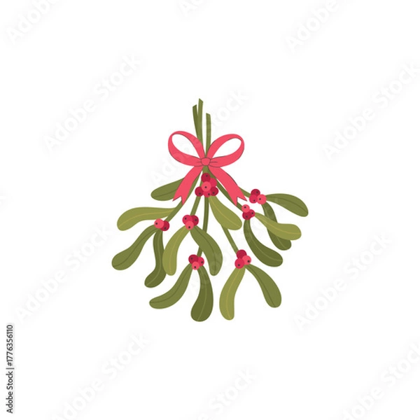 Obraz Classic Christmas mistletoe vector with traditional green leaves and bright red berries, tied with a decorative pink bow. Hand-drawn holiday design element perfect for seasonal kissing decor, accents