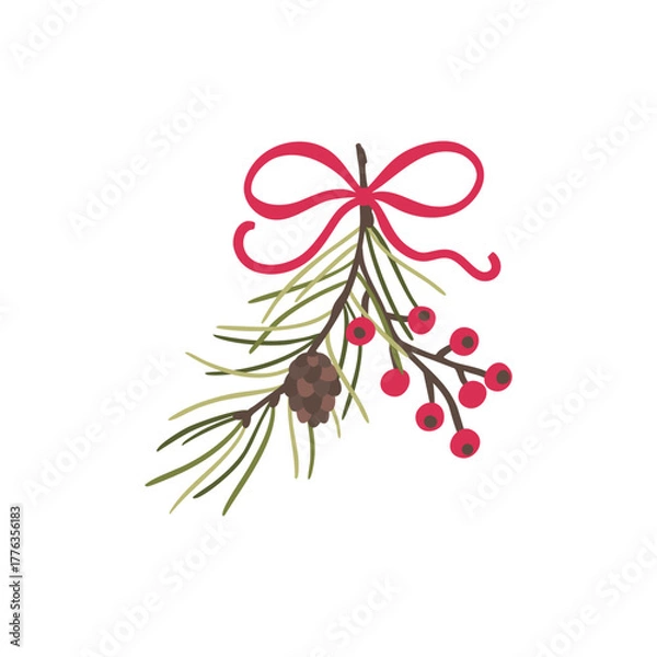 Fototapeta Traditional Christmas evergreen branch vector with pine needles, and red berries, tied with a classic red bow. Hand-drawn isolated element for holiday decor, borders, and festive designs. Winter flora