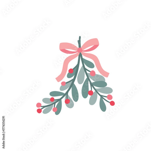 Fototapeta Modern mistletoe vector with cool-toned leaves and pink-red berries, tied with a stylish pink bow. Hand-drawn, isolated holiday element ideal for clean design, stationery, and minimalist. Pastel decor