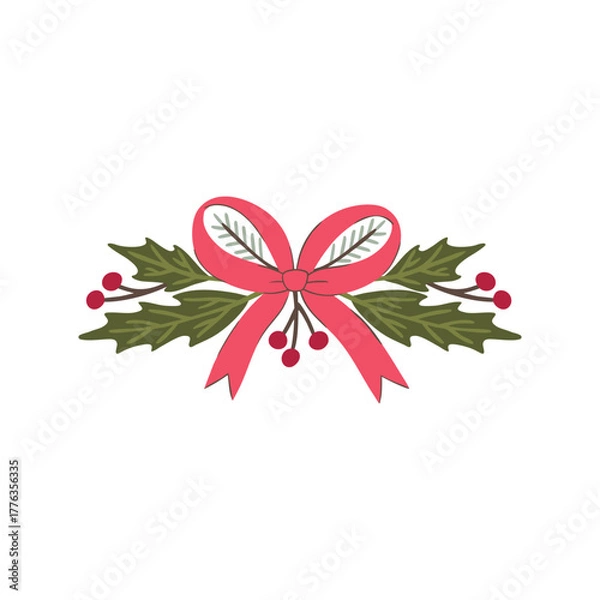 Fototapeta Traditional Christmas divider vector with green holly, red berries, and a vibrant pink bow. Hand-drawn, isolated festive element for headers, frames, and classic holiday accents. Simple border motif.
