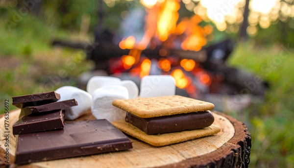Obraz s’mores ingredients including chocolate bars, graham crackers, and marshmallows