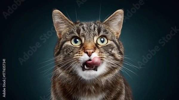 Obraz A tabby cat, its green eyes wide with delight, licks its nose in anticipation. Its fur is a mix of brown and grey, and its whiskers stand out against a dark background.