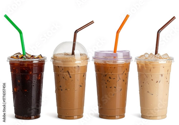 Obraz Refreshing assortment of iced coffee beverages with varying hues, served in clear plastic cups and vibrant straws, set against a white background.