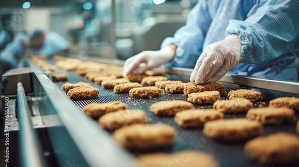 Fototapeta Automated food processing with hands in sterile gloves carefully arranging golden-brown, breaded patties on a conveyor belt in a brightly lit industrial environment.