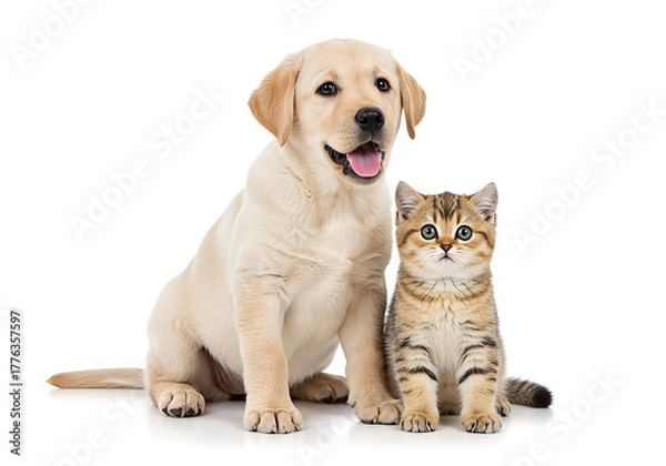 Obraz Adorable puppy and kitten posing together against a bright white backdrop, showcasing their friendship and togetherness for a portrait.