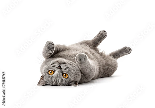 Obraz Adorable grey cat lying on its back with paws up, isolated against a white background, showcasing its playful and endearing nature.