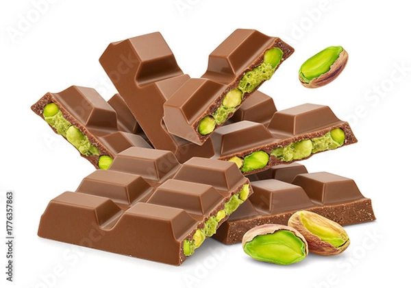 Obraz Delicious milk chocolate bars with pistachio nuts on a white background, enticing sweet dessert indulgence and tempting confectionery.