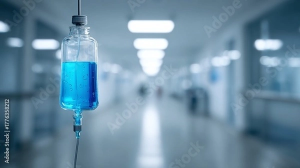 Obraz Intravenous therapy concept. IV drip with vibrant blue fluid in a clear bottle, suspended in a sterile hospital corridor, providing medical treatment to patients.