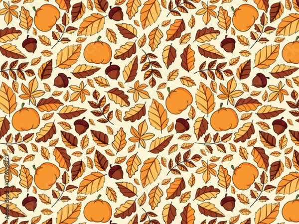 Fototapeta Vector colorful autumn natural seamless pattern with fall leaves, fruits, pumpkins and leafs. Seamless background. November.
