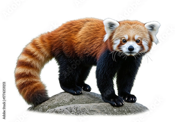 Obraz Captivating portrait of a fluffy red panda standing elegantly on a rock, exhibiting its vibrant fur and curious gaze.
