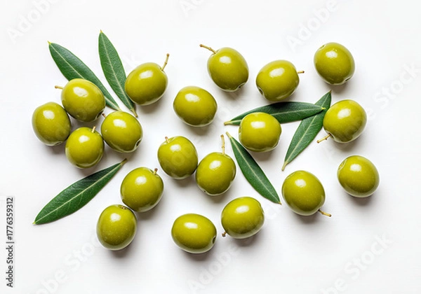Obraz Fresh green olives and leaves arranged on a clean, white surface in a simple and minimalist composition, offering a natural and healthy look.