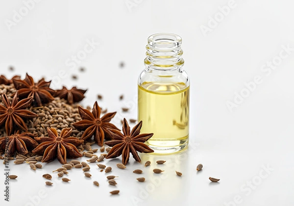 Obraz Aromatic oil and star anise composition, evoking natural remedies and wellness, on white background, creating a sense of purity and tranquility.