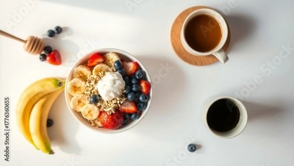 Fototapeta Delicious fruit bowl and coffee for a refreshing morning