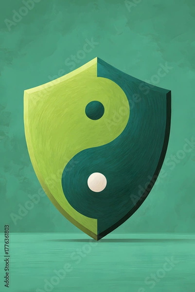 Fototapeta A striking shield illustration with yin yang symbol. The emblem represents balance and harmony