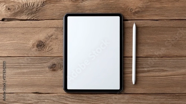 Fototapeta Tablet on Wooden Surface Mockup
