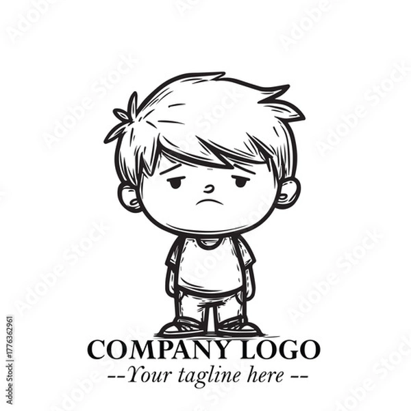 Fototapeta Black and White Chibi Boy Illustration with Jacket and Boots in Bold Thick Line Art Minimal Style