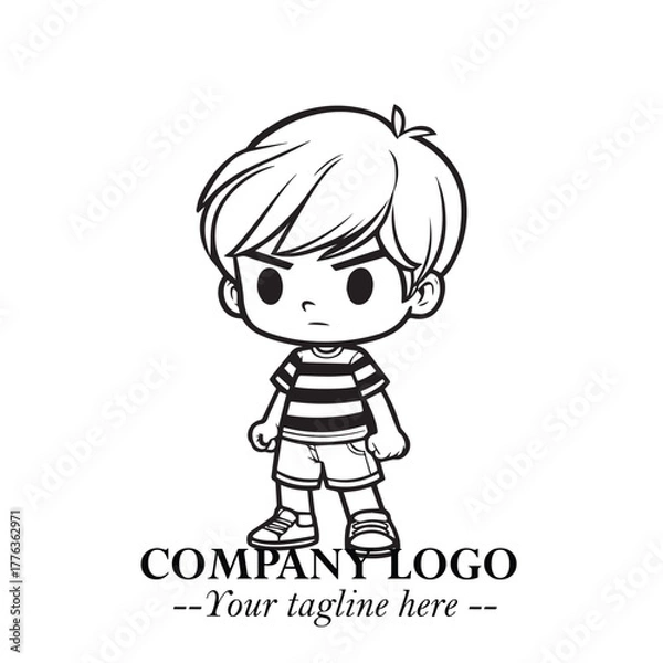 Obraz Black and White Chibi Boy Illustration with Jacket and Boots in Bold Thick Line Art Minimal Style