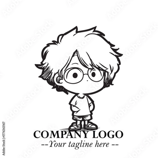 Fototapeta Black and White Chibi Boy Illustration with Jacket and Boots in Bold Thick Line Art Minimal Style