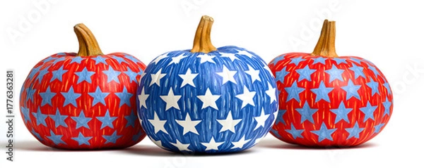 Fototapeta Three pumpkins are decorated with stars, with each one displaying a vibrant color scheme that signifies celebration of United States