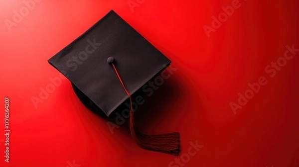 Fototapeta scholar. A graduation cap with a tassel, isolated on a solid red background. event programs, museum guides, designed for cultural heritage projects and event programs, preserves heritage.
