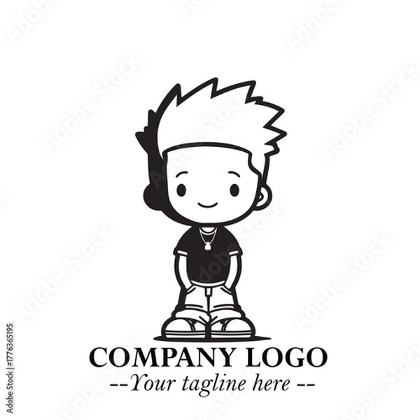 Fototapeta Black and White Chibi Boy Illustration with Jacket and Boots in Bold Thick Line Art Minimal Style