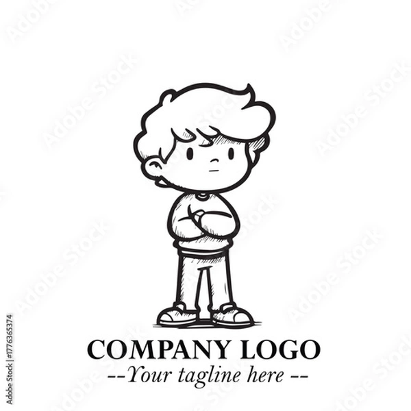 Obraz Black and White Chibi Boy Illustration with Jacket and Boots in Bold Thick Line Art Minimal Style