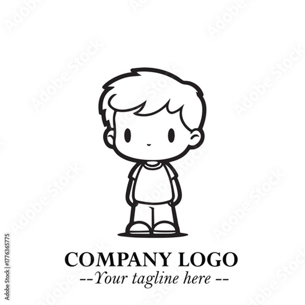 Fototapeta Black and White Chibi Boy Illustration with Jacket and Boots in Bold Thick Line Art Minimal Style