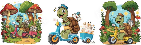 Fototapeta Cute cartoon turtle mail carrier riding scooter delivering letters through forest with mushrooms and happy nature background illustration