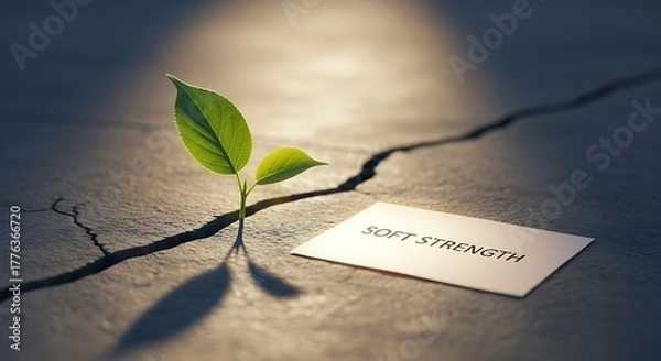 Fototapeta Resilient seedling breaks through cracked concrete symbolizing hope and inner strength emerging against adversity with a card reading 'SOFT STRENGTH' suggesting gentle power and quiet determination