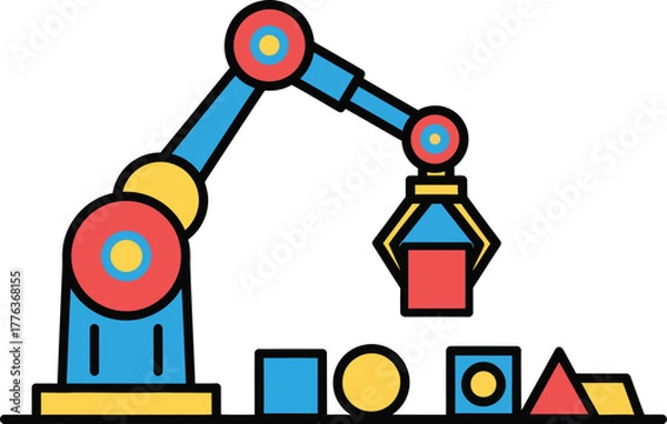 Fototapeta Industrial robotic arm with gripper sorting geometric shapes on a factory floor