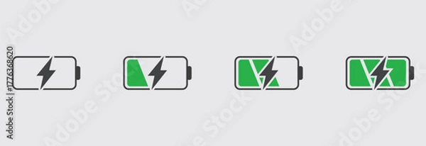 Obraz Green and Black Battery Power Icons — Energy Charge Level Vector Set