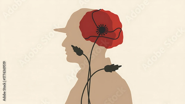 Fototapeta Silhouette of a man wearing a hat with a red poppy growing from his head