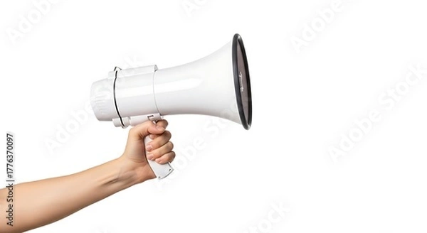 Fototapeta Hand Holding White Megaphone on Clean White Background