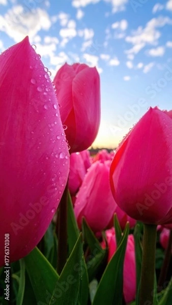 Fototapeta Pink Tulips: A captivating close-up of vibrant pink tulips, their velvety petals adorned with glistening dewdrops, reaching towards a bright blue sky, paints a picture of spring's delicate beauty.