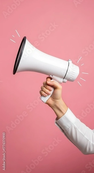 Fototapeta Hand Holding White Megaphone on Clean Pink Background