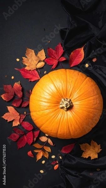Obraz Autumn Pumpkin with Colorful Leaves: A vibrant autumn scene features a perfect pumpkin alongside an array of colorful leaves, all resting on a dark fabric creating a captivating fall harvest.