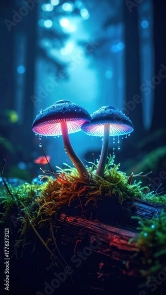 Fototapeta Enchanted Glow: Two luminous mushrooms with ethereal light, creating a magical atmosphere within the depths of an ancient forest, an image that evokes wonder and curiosity. 