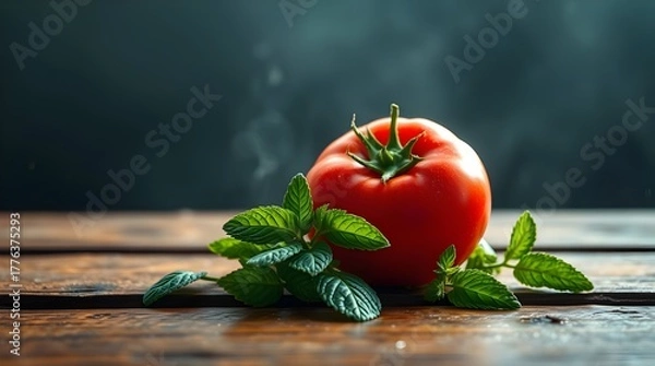 Fototapeta Fresh Red Tomato and Mint Leaves on Rustic Wooden Table, Dark Moody Still Life Photography Highlighting Natural Ingredients, Culinary Freshness, and Mediterranean Cooking Inspiration.