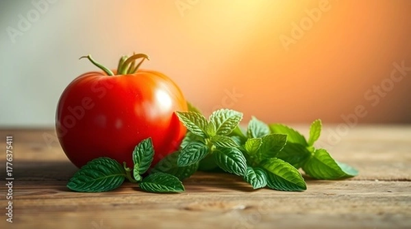 Fototapeta Fresh Red Tomato and Mint Leaves on Rustic Wooden Table, Dark Moody Still Life Photography Highlighting Natural Ingredients, Culinary Freshness, and Mediterranean Cooking Inspiration.
