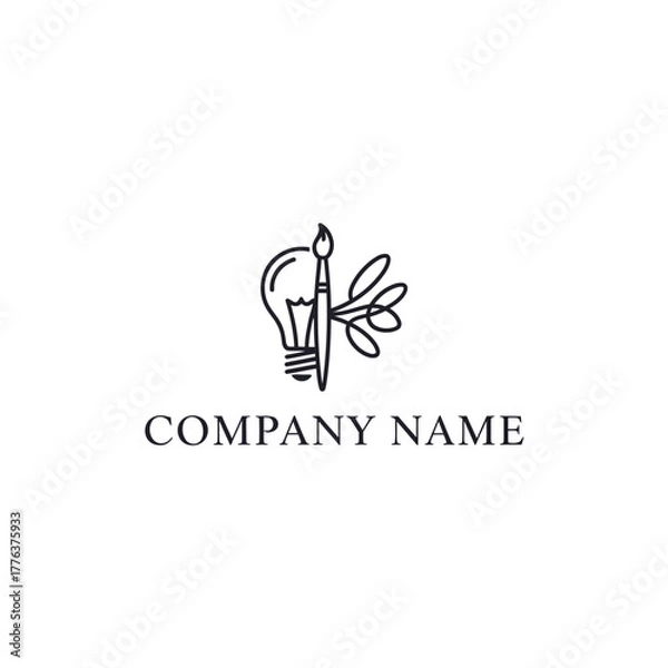 Fototapeta A minimalist line art logo featuring a lightbulb with a paintbrush and leaves, symbolizing creativity and ideas, with the text COMPANY NAME below.