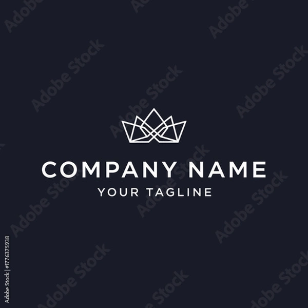 Fototapeta Minimalist white line art crown logo on a dark background with placeholder company name and tagline text.