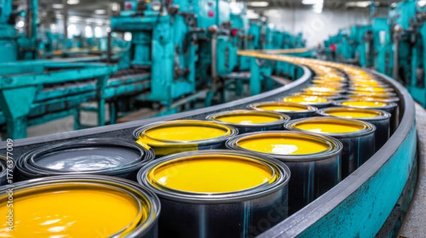 Fototapeta Rows of open yellow paint cans moving on a curved conveyor belt inside an industrial factory setting with machinery in the background, illustrating mass production p