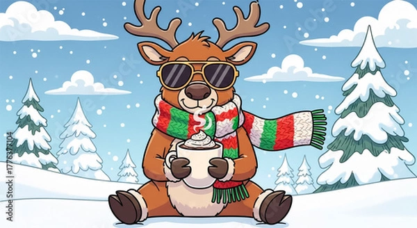 Fototapeta Illustration of a reindeer wearing sunglasses and a colorful scarf, sitting in a snowy landscape and enjoying a steaming mug of hot chocolate with whipped cream