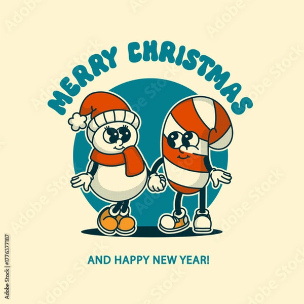 Fototapeta Vintage snowman and candy cane mascots on Christmas background with holiday text Colorful design for greeting cards and social media posts