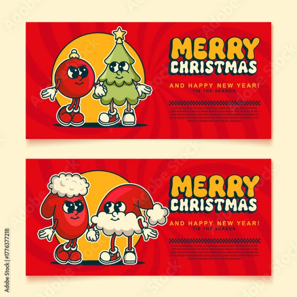 Fototapeta Christmas retro mascot flyer with ornament tree mitten and hat bright design for festive promotions